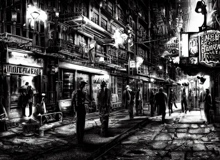Prompt: people arguing in a film noir steampunk alley, psychedelic, fine texture, detailed, dramatic lighting, dark, neon
