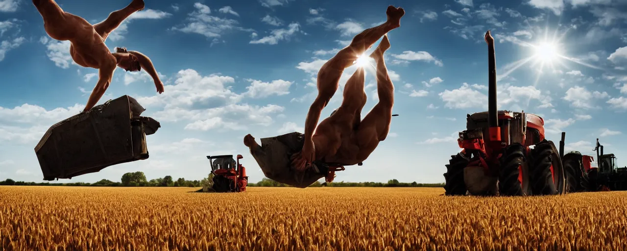 Image similar to jesus doing a backflip over a tractor in a wheat field, dramatic lighting, low angle, 4 k