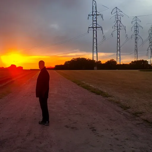 Prompt: man standing in front of electricity pylons at sunset, low angle