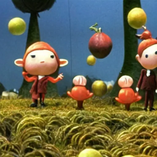 Image similar to men with pikmin heads wearing suits in james and the giant peach