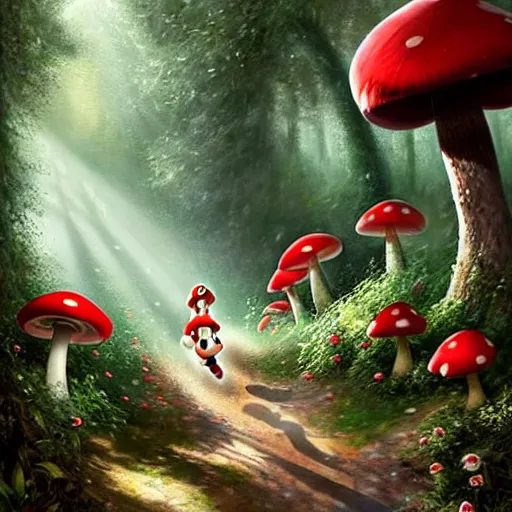 Image similar to portrait of Mario, running through a forest, in the Mushroom Kingdom, giant red and white spotted mushrooms, and roses, from behind, Castle in distance, birds in the sky, sunlight and rays of light shining through trees, beautiful, solarpunk!!!, highly detailed, digital painting by Michael Garmash and Peter Mohrbacher