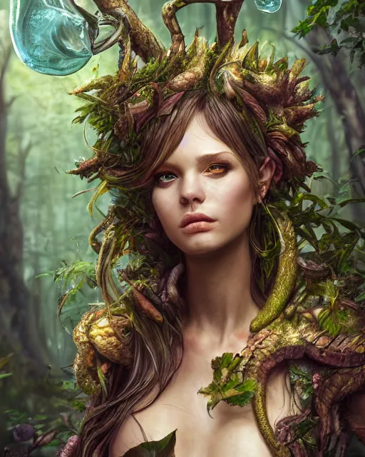 Prompt: portrait high definition photograph cute girl fantasy character art, hyper realistic, pretty face, hyperrealism, iridescence water elemental, snake skin armor forest dryad, woody foliage, 8 k dop dof hdr fantasy character art, by aleski briclot and alexander'hollllow'fedosav and laura zalenga