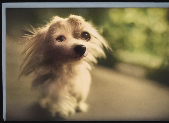 Image similar to a extreme close - up photo, color studio photographic portrait of a little dog bird hybrid, dramatic backlighting, 1 9 7 3 polaroid photo from life magazine,