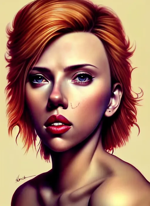 Image similar to full body gorgeous Scarlett Johansson, realistic character concept, full body pose, tattoos, autumn, makeup, shorter neck, illustration, symmetrical eyes and body, cinematic lighting, detailed realistic symmetrical eyes, artgerm, Joshua Middleton, single face, insanely detailed and intricate, beautiful