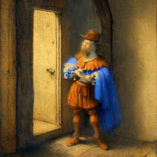 Prompt: a magical bright blue genie standing in a in a doorway, classic art, trending on art station, masterful, colorful, detailed, complex, by rembrandt and leonardo da vinci