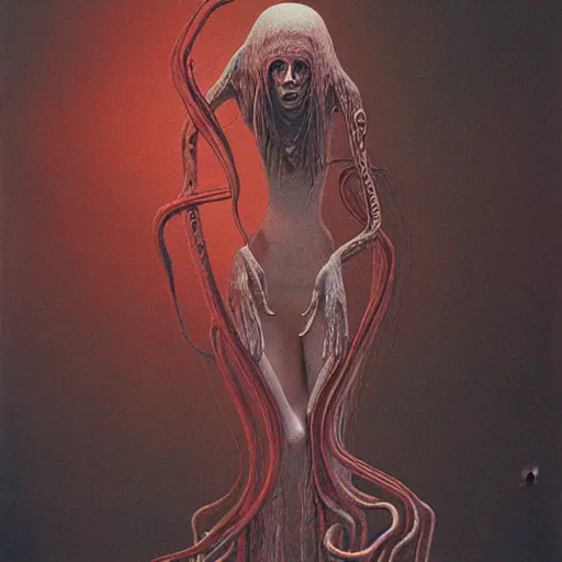 Prompt: woman with tentacles as appendages, flash, 80mm F2.8, single light source, painting by Zdzislaw Beksinski