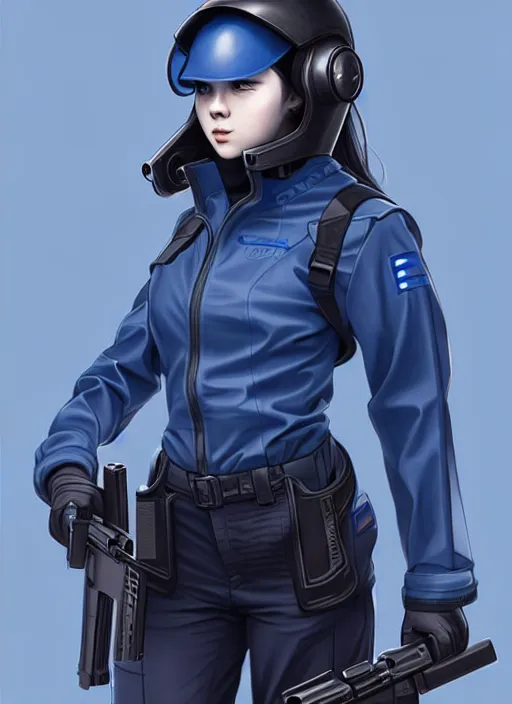 Prompt: full body portrait of a blue techwear uniform girl with guns. detailed face, concept art, digital art, intricate, highly detailed 8 k, smooth, sharp focus, beautiful and aesthetic shape of face and body, artgerm, artstation, art by zexi guo and nira and kafun and gharliera and rinotuna