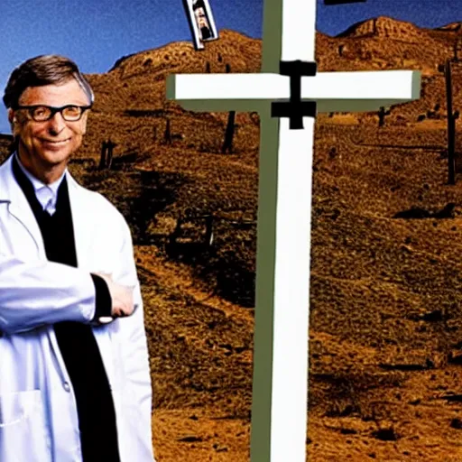 Prompt: bill gates on the cross in the desert surrounded by medical equipment. horror movie photograph.