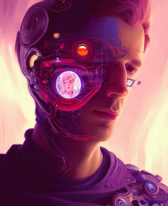 Image similar to a whirlwind inside the metaverse, guy, male, man, hologram, half body, neurochip, android, cyborg, cyberpunk face, by loish, d & d, fantasy, intricate, elegant, highly detailed, colorful, digital painting, artstation, concept art, art by artgerm and greg rutkowski and alphonse mucha