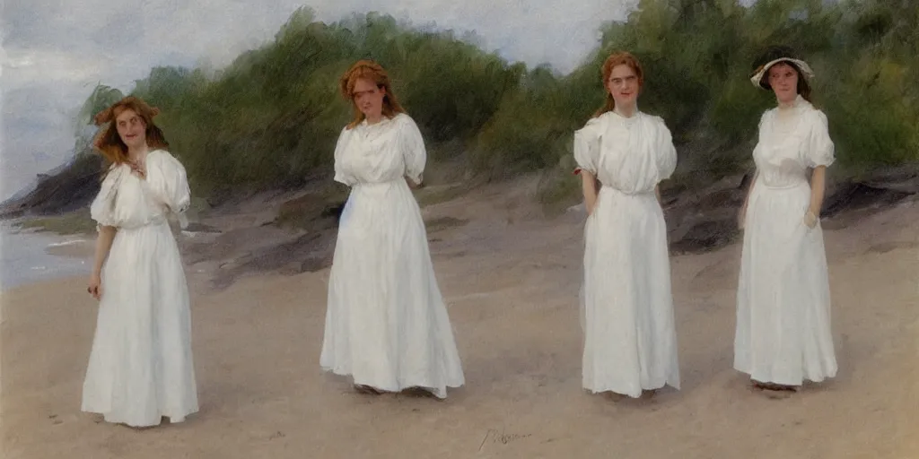 Image similar to Two young Edwardian women wearing white dresses standing on a sandy beach in Sweden, in the style of Anders Zorn