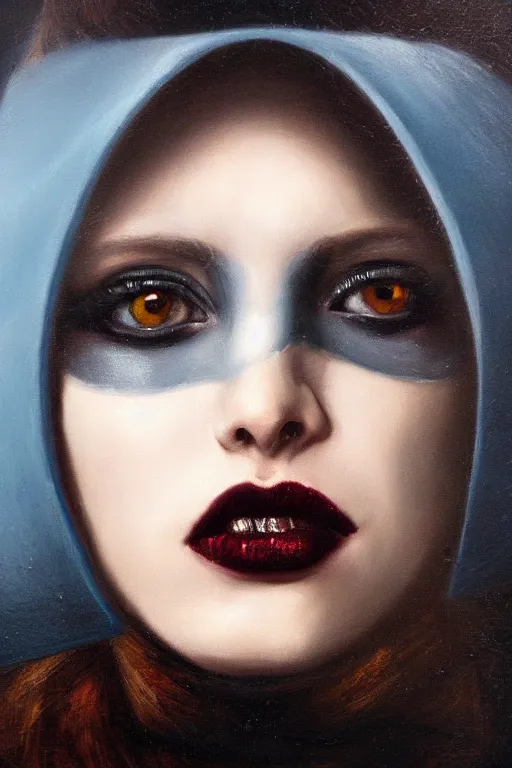 Image similar to hyperrealism oil painting, close - up portrait of european medieval brunette vampire fashion model, knight, steel gradient mixed with nebula sky, in style of baroque