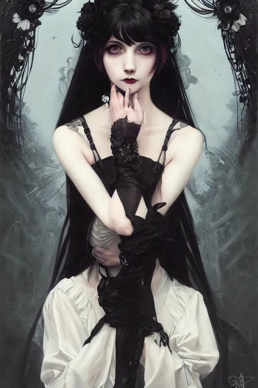 Image similar to portrait of radical lolita girl, dreamy and ethereal, dark eyes, peaceful expression, ornate goth dress, dark fantasy, chaotic, elegant, black crows flying, highly detailed, digital painting, artstation, concept art, smooth, sharp focus, illustration, art by artgerm and greg rutkowski and alphonse mucha