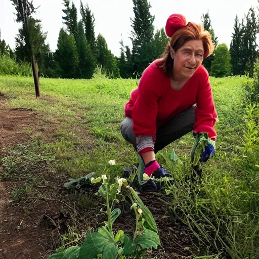 Image similar to a pixar character, a beautiful and mad canadian woman, on her knees, pulling weeds out frantically, some grey hair, stripey pants,