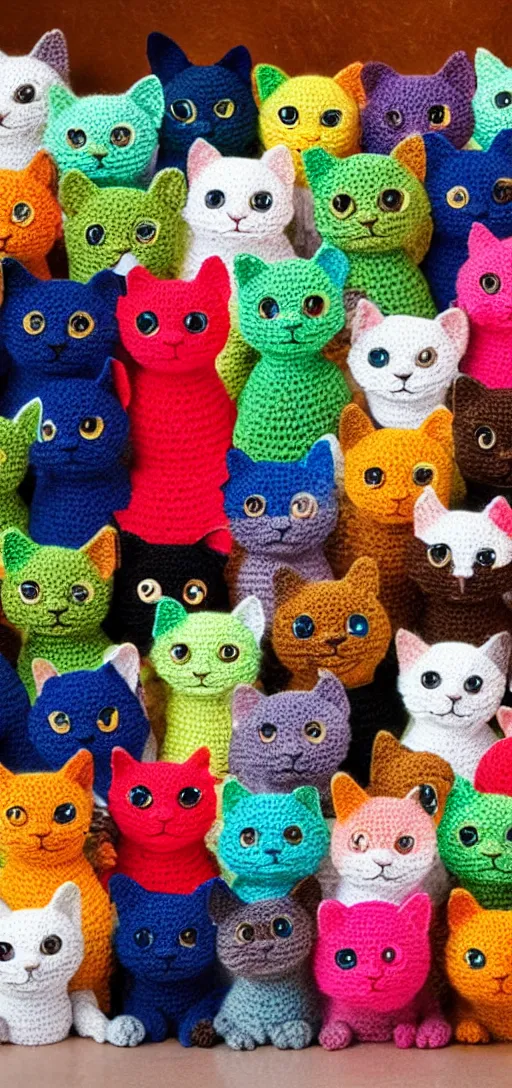 Prompt: multicolored crocheted cats, 2 0 3 0 s catalogue photo,