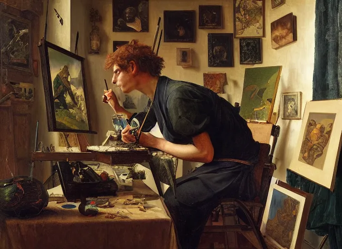 Prompt: a young painter in his studio painting a picture of pepe the frog, by edgar maxence and caravaggio and michael whelan and delacroix style, artistic, intricate drawing, cinematic lighting, hyper realistic, extremely detailed, establishing shot, 8 k resolution, dramatic lighting