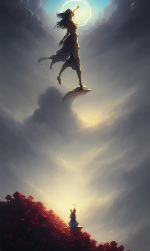 Image similar to the dawn brought by a thousand roses, sky full of clouds, art by greg rutkowski and peter mohrbacher, featured in artstation, octane render, cinematic, elegant, intricate, ultra detailed, rule of thirds, professional lighting, unreal engine, fantasy, concept art, sharp focus, illustration, 8 k