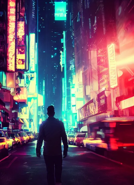 Image similar to a 3D render of an android with glowing lights walking down the street in New York City, bokeh, Canon 50mm, cinematic lighting, volumetric light, octane, octane render, redshift render, cyberpunk, Blade Runner, Blade Runner 2049