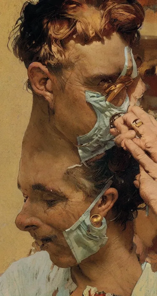 Image similar to close up of a doctor taking off their mask, sun shining, photorealistic illustration by greg rutkowski, thomas kindkade, alphonse mucha, loish, norman rockwell.