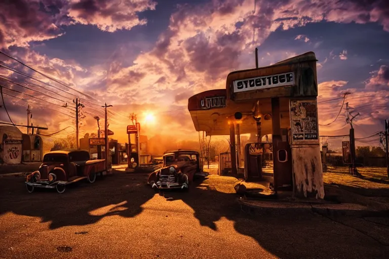 Image similar to a sunset light landscape with historical route 6 6, lots of sparkling details and sun ray ’ s, blinding backlight, smoke, volumetric lighting, colorful, octane, 3 5 mm, abandoned gas station, old rusty pickup - truck, beautiful epic colored reflections, very colorful heavenly, softlight