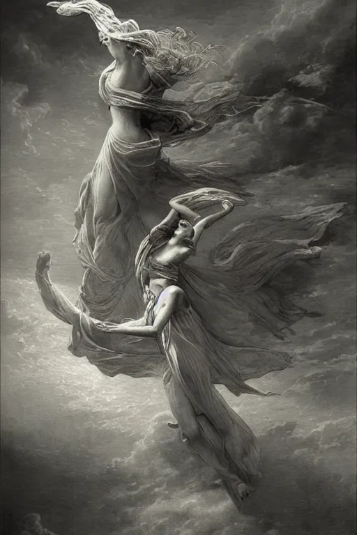 Prompt: dancer in the wind by gustave dore, retrofuturism, reimagined by industrial light and magic
