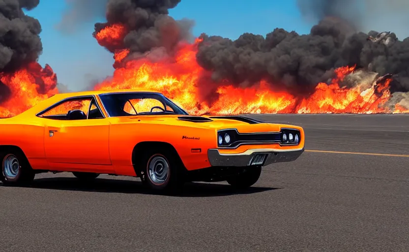 Prompt: a orange 1 9 7 0 plymouth road runner superbird driving high speed, fire explosion in the background, action scen. blue sky realistic. high resolution. dramatic