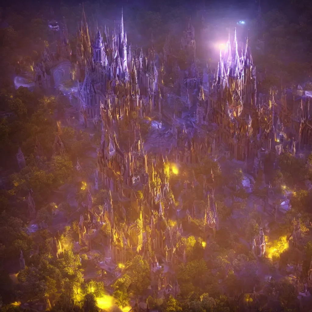 Prompt: huge towering magical university, extreme drama, distant glowing figures, hdr, movie still, fully photorealistic, sharp luminescent focus, nd 6, sony fx 6, glowing luminescent invocations
