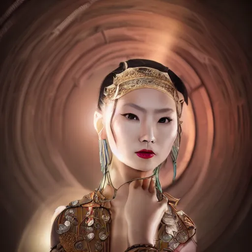 Image similar to photo shoot pose photo of beautiful Chinese ancient princess standing in the corridor in the space ship, symmetrical face, big eyes and lips, looking down, subtle makeup, clean face and body skin,ecstatic expression, ornamental jewelry and ancient translucent clothes, futuristic space ship interrior, wires with lights,depth of field, lens flares, dust in the air, moody lighting, moody photography, old photo, black and white, sepia, cinematic lighting, cinematic angle, editorial photography