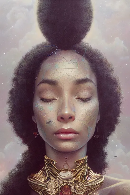 Prompt: a stunning portrait of gaia by artgerm, flawless black skin, backlit, tom bagshaw, alphonse mucha, donata giancola, mary jane ansell, ankh necklace, atmosphere, realism, octane render, dof, hyperdetailed, 8 k