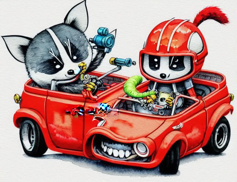 Image similar to cute and funny,'racoon wearing a red helmet'riding in a tiny hot rod with oversized engine, ratfink style by ed roth, centered award winning watercolor pen illustration, isometric illustration by chihiro iwasaki, edited by range murata, tiny details by artgerm and watercolor girl, symmetrically isometrically centered