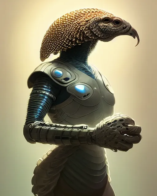 Image similar to highly detailed vfx portrait of a cyborg pangolin. wearing white and gold scaled armor. unreal engine, greg rutkowski, loish, rhads, beeple, makoto shinkai and lois van baarle, ilya kuvshinov, rossdraws, tom bagshaw, alphonse mucha, global illumination, detailed and intricate environment