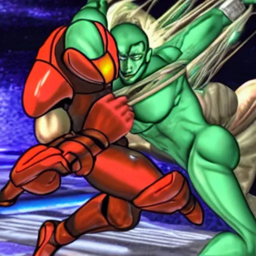 Image similar to samus aran punching ridley in the throat