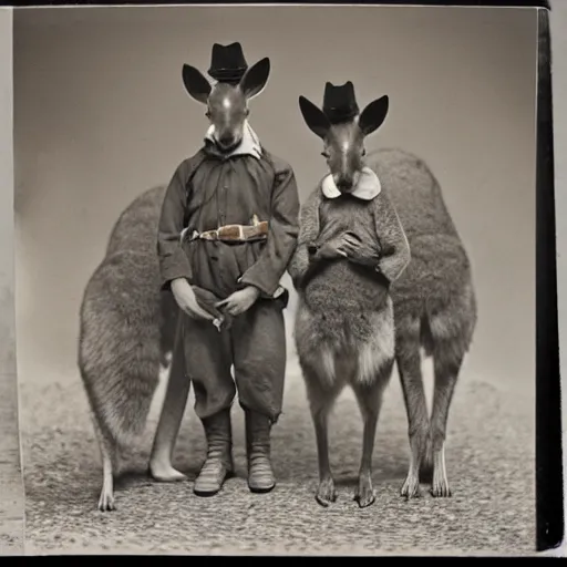 Prompt: kangaroo and wallabies wearing cowboy costumes, small town, 1 8 6 0 s, photo