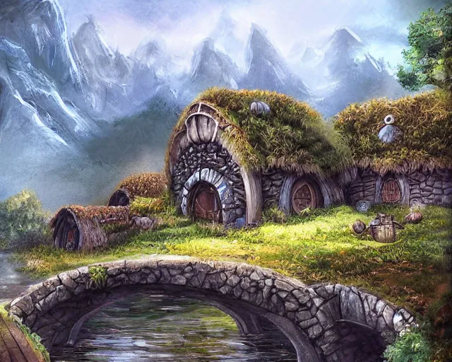 Prompt: hobbit village, digital painting