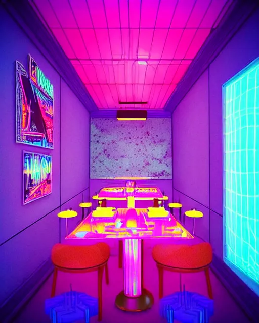 Prompt: synthwave vaporwave maximalist detailed restaurant lofi purple blue retro dreamcore render realistic 3 d by seerlight trending on instagram