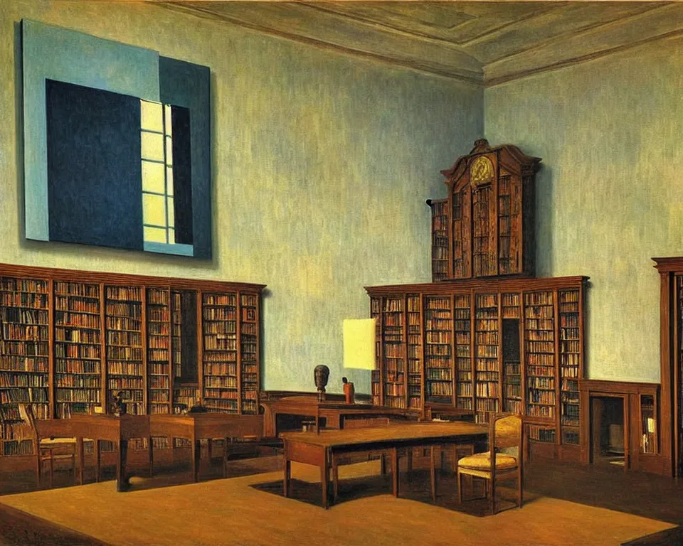 Prompt: achingly beautiful painting of a sophisticated, well - decorated, modern library by rene magritte, monet, and turner.