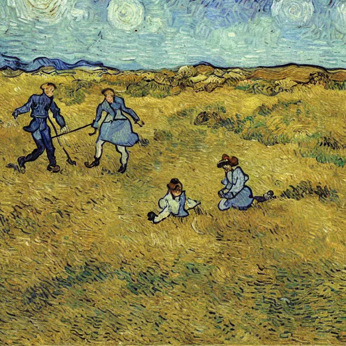 Image similar to adult man and woman playing on the open moorland, painting by van gogh