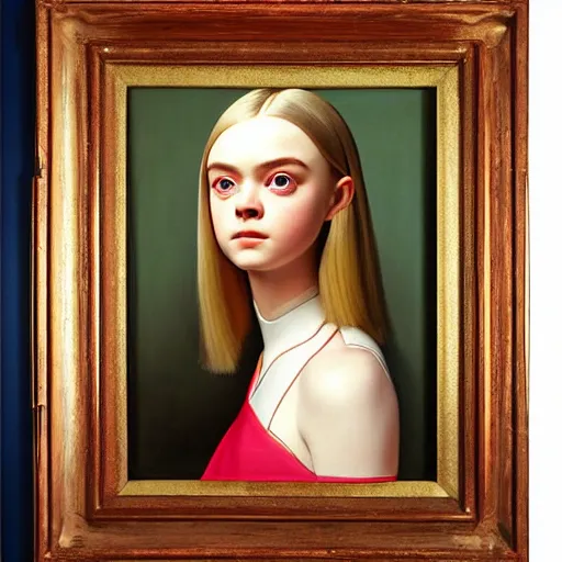 Image similar to a striking hyper real painting of Elle Fanning by Grant Wood