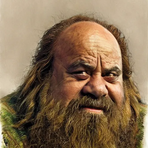 Image similar to portrait of danny devito as gimli, by alan lee, lord of the rings calendar, smooth, detailed terrain, oil painting, matte painting, concept art, trending on artstation