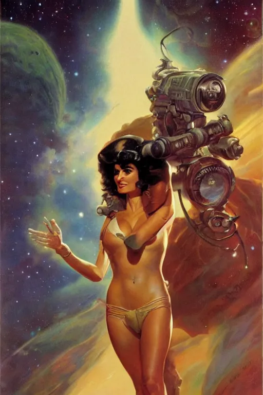 Image similar to oil painting portrait of Penelope Cruz as a scifi explorer standing on a new planet, atmospheric, vintage pulp novel style scifi art by Boris Vallejo, Julie Bell, Frank Frazetta, Greg Rutkowski, Robert McGinnis, and Gil Elvgren,