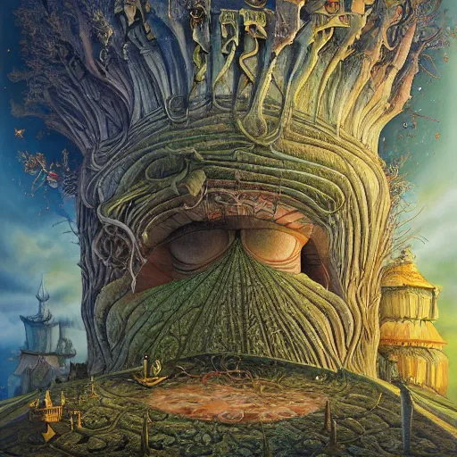 Prompt: the queen of dreams by carol bak, jacek yerka, Gediminas Pranckevicius, alex gray, dan mumford and h.r. giger, oil on canvas, 8k highly professionally detailed, HDR, trending on artstation