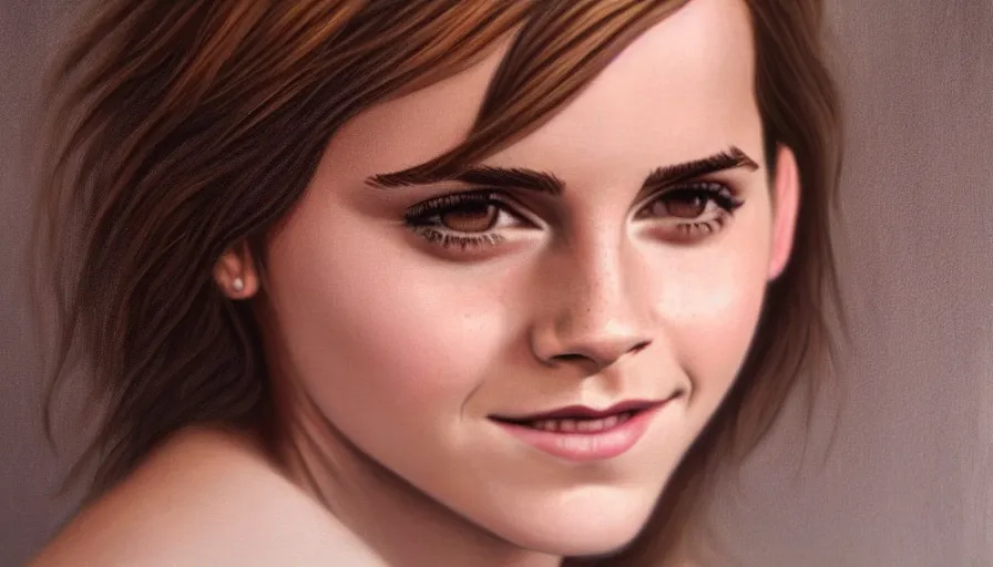 Image similar to emma watson portrait photorealistic painting. soft lighting, smooth gradients. seductive smile. lights and shadows. sultry, anamorphic lens