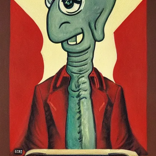 Image similar to handsome squidward, soviet propaganda painting