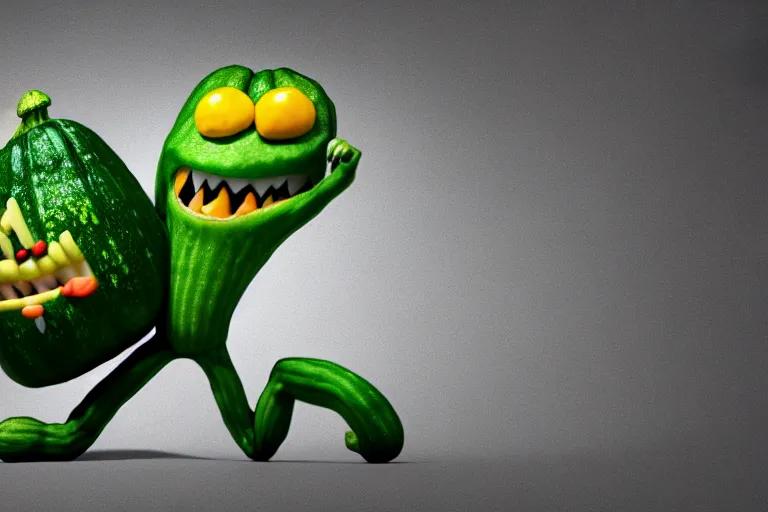 Image similar to detailed 3 d render of a mad zucchini character with arms and legs and a long sword chasing after a tomato character, hyper realistic octane render, cinematic lighting, wide angle, nightmare, adult pixar surrealism