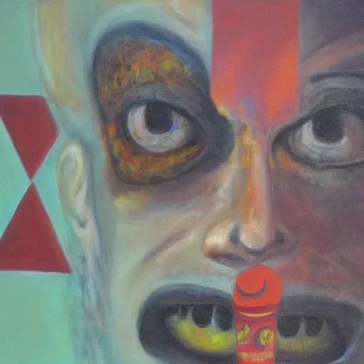 Image similar to portre of an autistic demon on acid, masonic and kabalistic symbols in background, oil painting