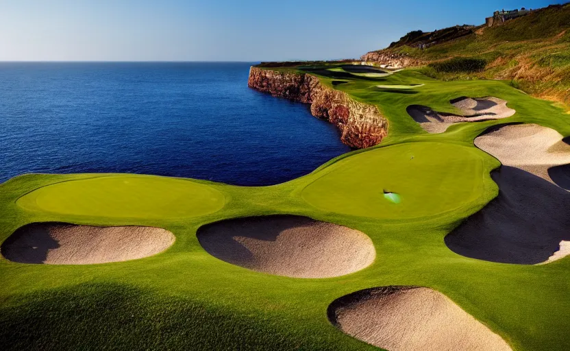 Image similar to a great photograph of the most amazing golf hole in the world, cliffs by the sea, perfect green fairway, human perspective, ambient light, 5 0 mm, golf digest, top 1 0 0, golden hour