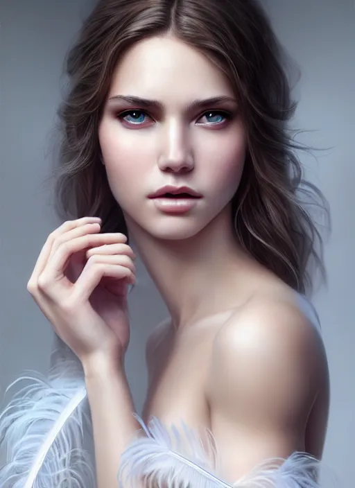 Image similar to a gorgeous female photo, professionally retouched, soft lighting, wearing a feather dress, realistic, smooth face, perfect eyes, wide angle, sharp focus on eyes, 8 k high definition, insanely detailed, intricate, elegant, art by artgerm and greg rutkowski and mark hill