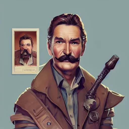 Image similar to a highly detailed epic cinematic concept art CG render digital painting artwork costume design: Errol Flynn as a 1950s sly engineer with a thick moustache. By Greg Rutkowski, Ilya Kuvshinov, WLOP, Stanley Artgerm Lau, Ruan Jia and Fenghua Zhong, trending on ArtStation, subtle muted cinematic colors, made in Maya, Blender and Photoshop, octane render, excellent composition, cinematic atmosphere, dynamic dramatic cinematic lighting, aesthetic, very inspirational, arthouse