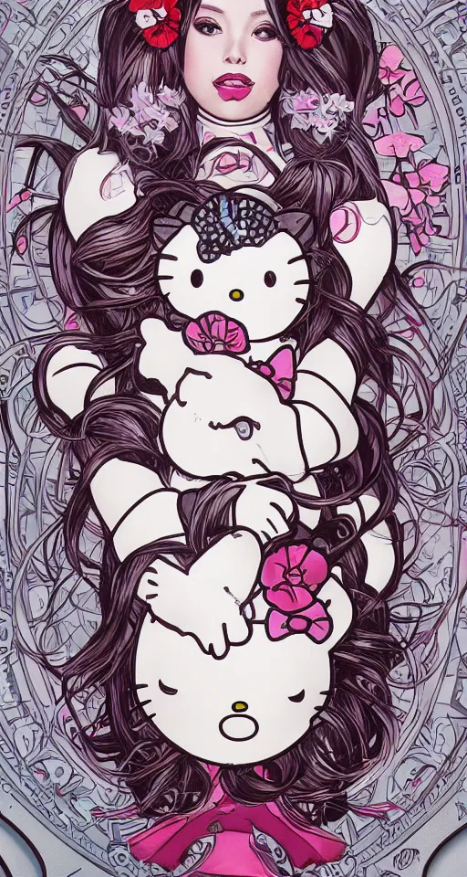 Image similar to hello kitty by artgerm and H R Giger and alphonse mucha