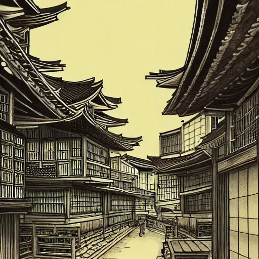 Image similar to a beautiful ink painting of buildings in japanese traditional style, in the style of hiroshi yoshida, at night, light effect, detailed, high - definition, exquisite isolated very detailed, moody lighting, 8 k highly detailed, trending on artstation