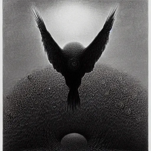 Prompt: artistic drawing of a fractal crow, made of engrenage by zdzisław beksinski, symbolist, visionary, detailed, realistic, surreality